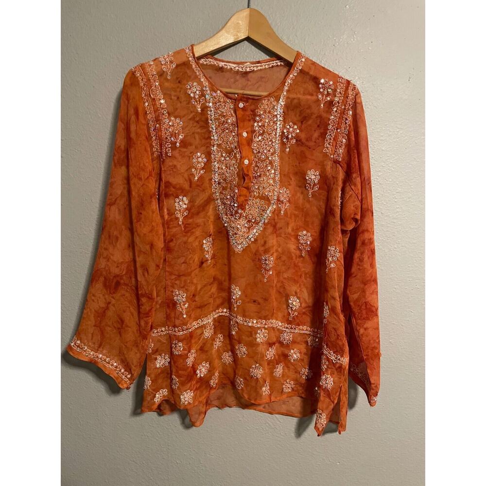 Vintage Womens Tunic XL Orange Burnout Floral Embroidered Sheer Popover Boho 90s
